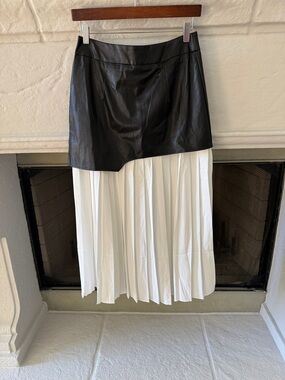 Commense Black Faux Leather and White Pleated Layered Skirt